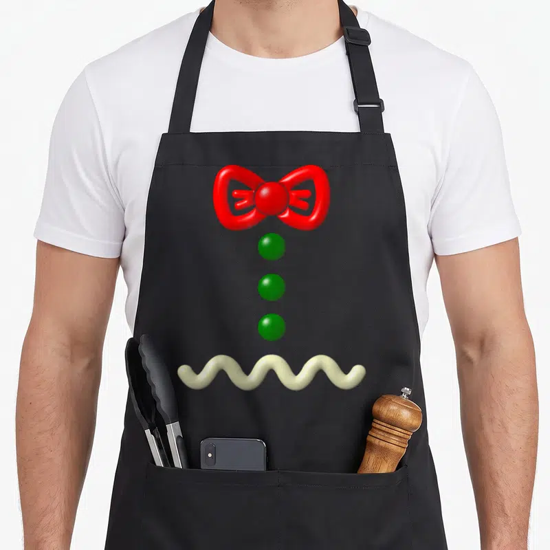 Funny costume gingerbread apron - Red bow, three green buttons, cream squiggle on black fabric — shown on a black cotton canvas apron against a white background
