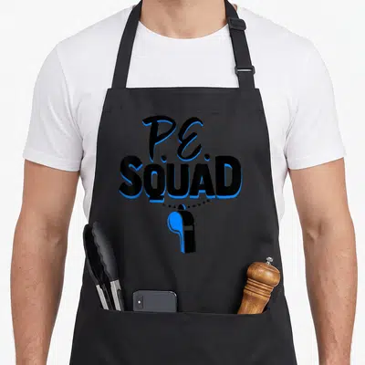 Coach education apron - P.E. SQUAD text and whistle graphic with dotted line in black and blue — shown on a black cotton canvas apron against a white background