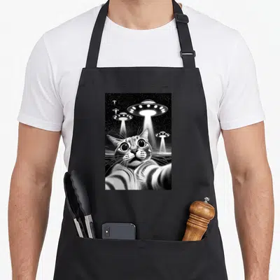Ufo funny cat apron - Realistic cat selfie with four UFOs beaming light in a starry night sky — shown on a black cotton canvas apron against a white background