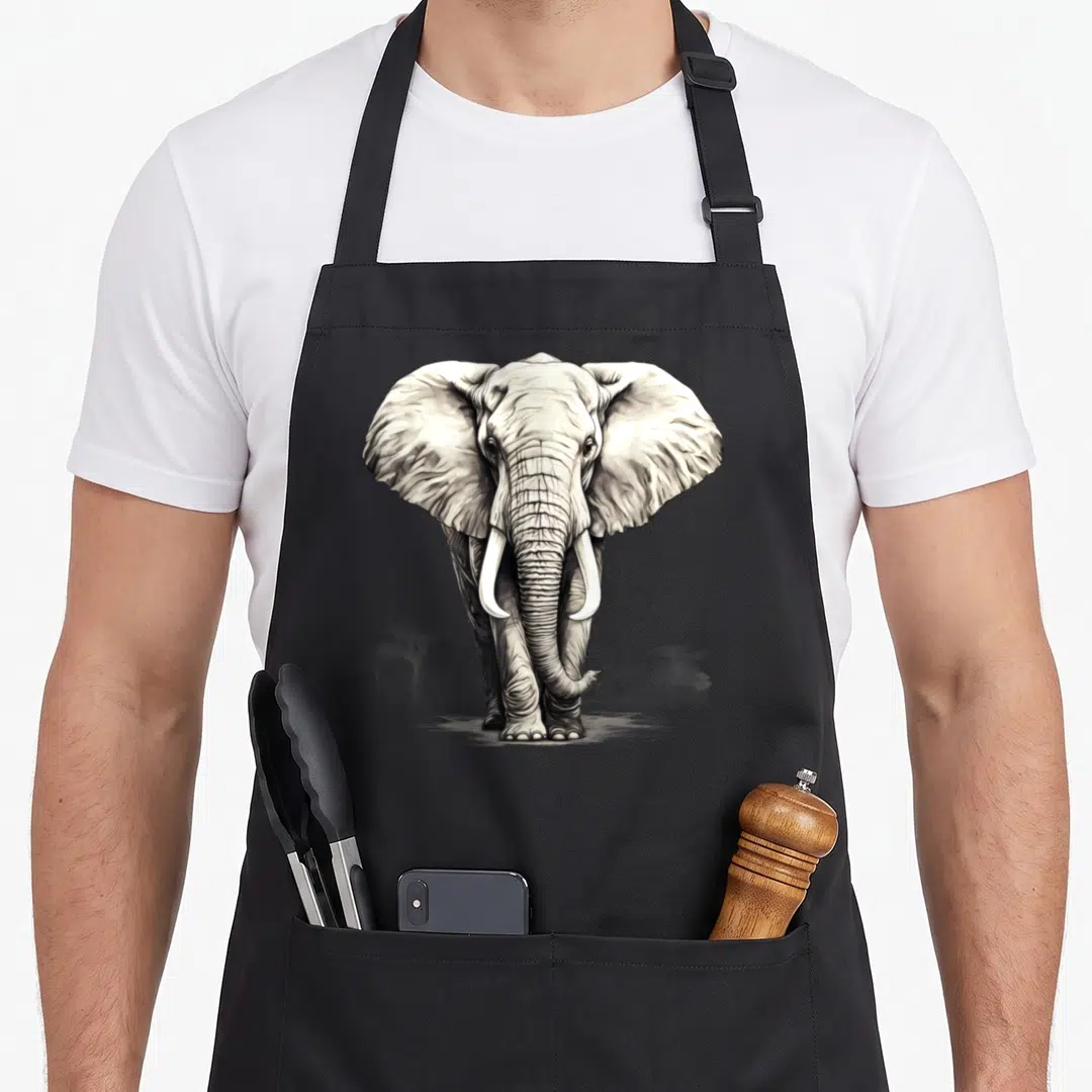 Drawing animal print apron - Realistic grey and white elephant illustration centered on black fabric — shown on a black cotton canvas apron against a white background