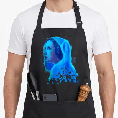 Hologram princess apron - Blue hooded woman portrait with scattered TIE fighter silhouettes on chest — shown on a black cotton canvas apron against a white background