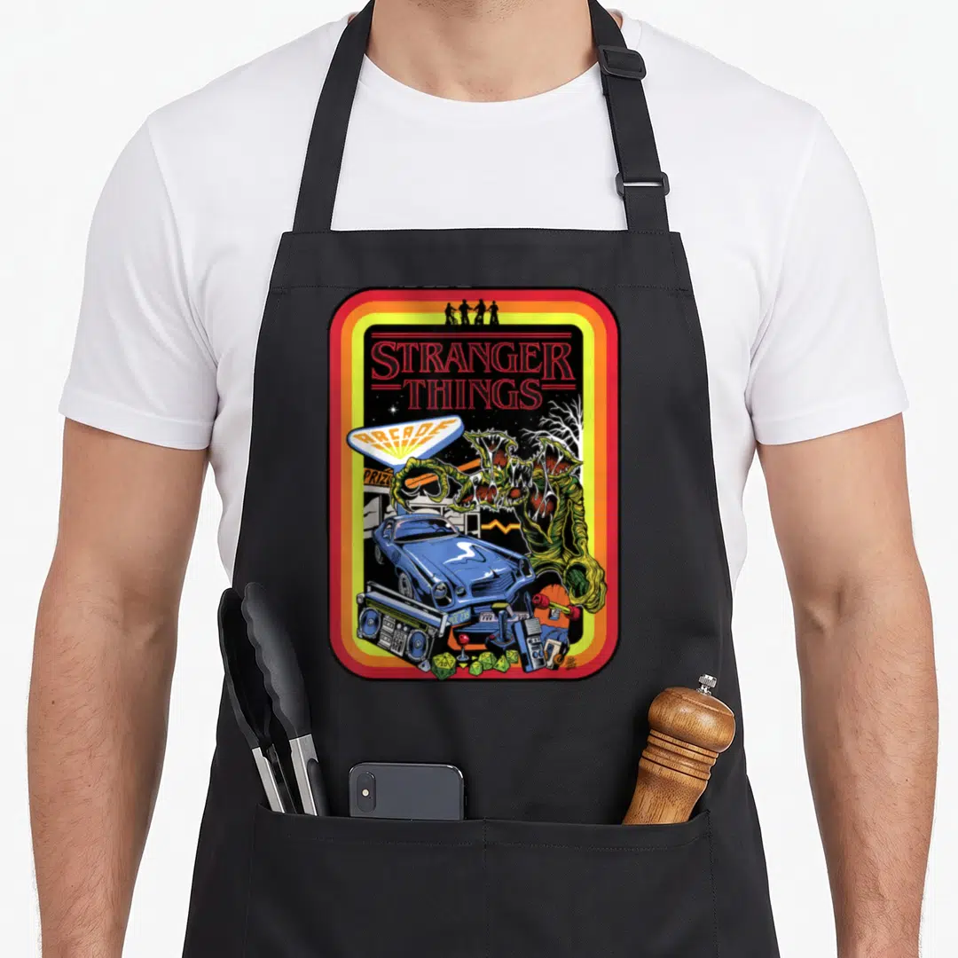 Poster stranger apron - Demogorgon over blue car boombox arcade sign with bicycle silhouettes in retro border — shown on a black cotton canvas apron against a white background