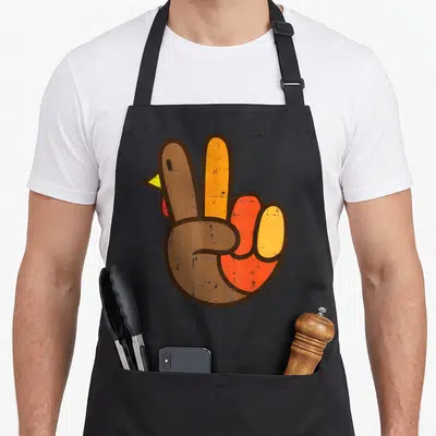 Sign hippie apron - Cartoon hand making peace sign stylized as a turkey with brown orange yellow red colors — shown on a black cotton canvas apron against a white background