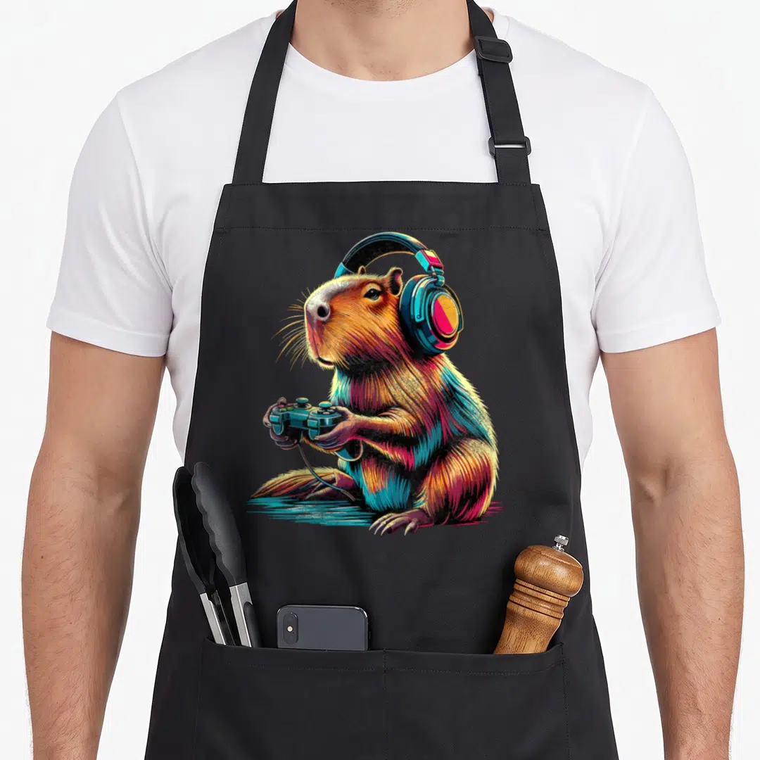 Capybara video game apron - Cartoon capybara with blue headphones and controller in orange pink and brown — shown on a black cotton canvas apron against a white background