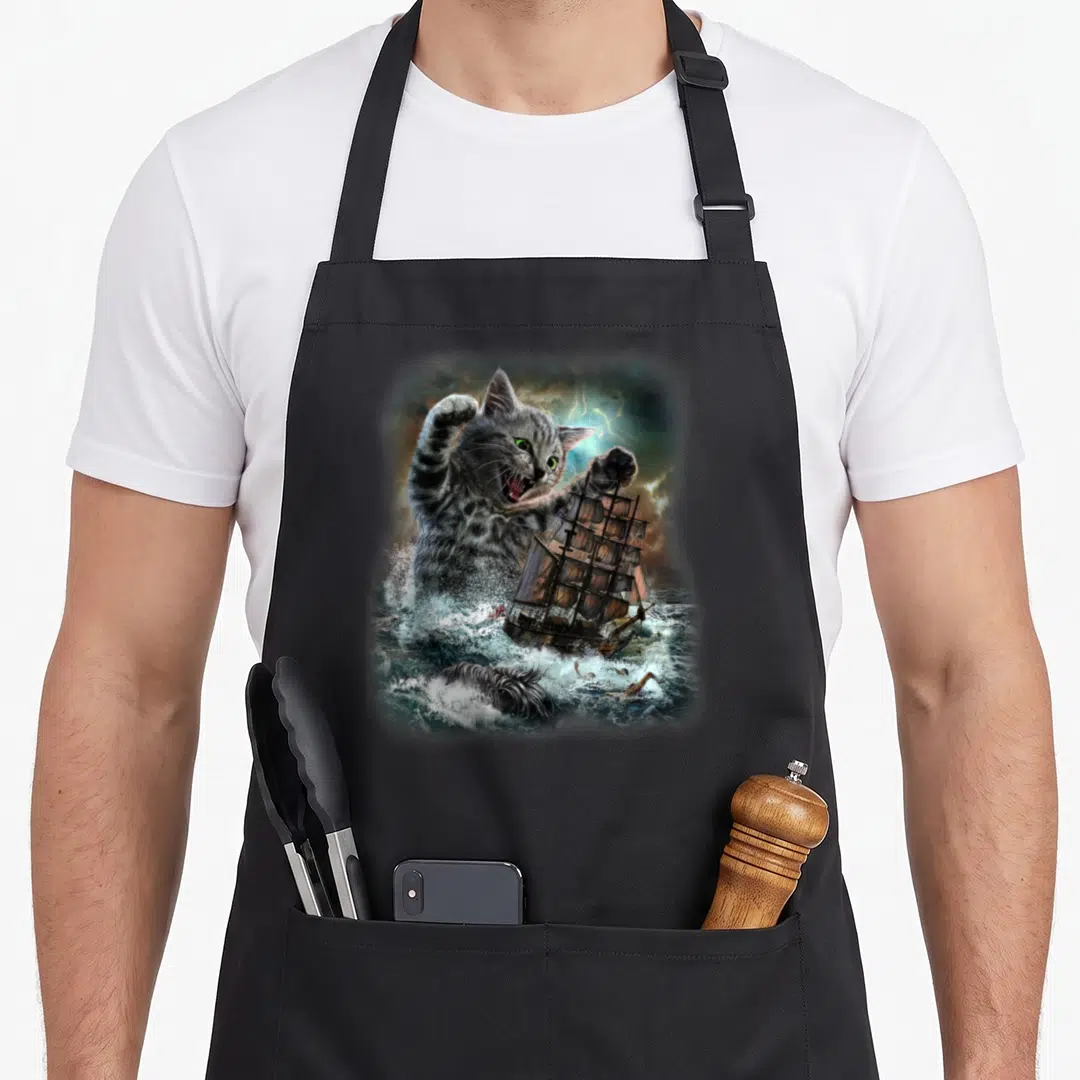 Kraken cat apron - Giant grey cat pouncing on wooden ship in stormy blue ocean with lightning — shown on a black cotton canvas apron against a white background