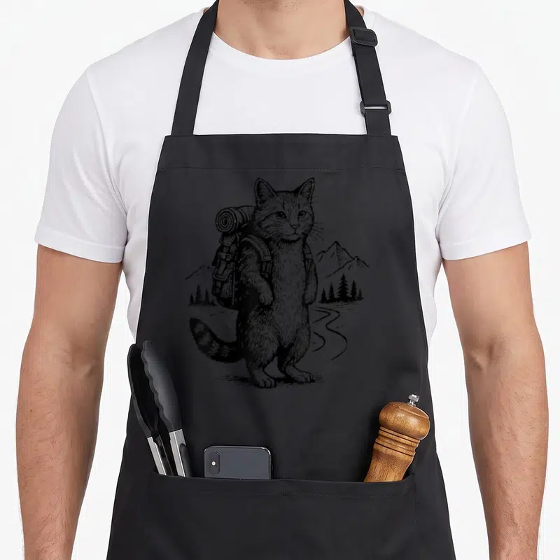 Outdoor cat apron - Black line-art cat wearing a backpack standing near mountains and a winding path — shown on a black cotton canvas apron against a white background