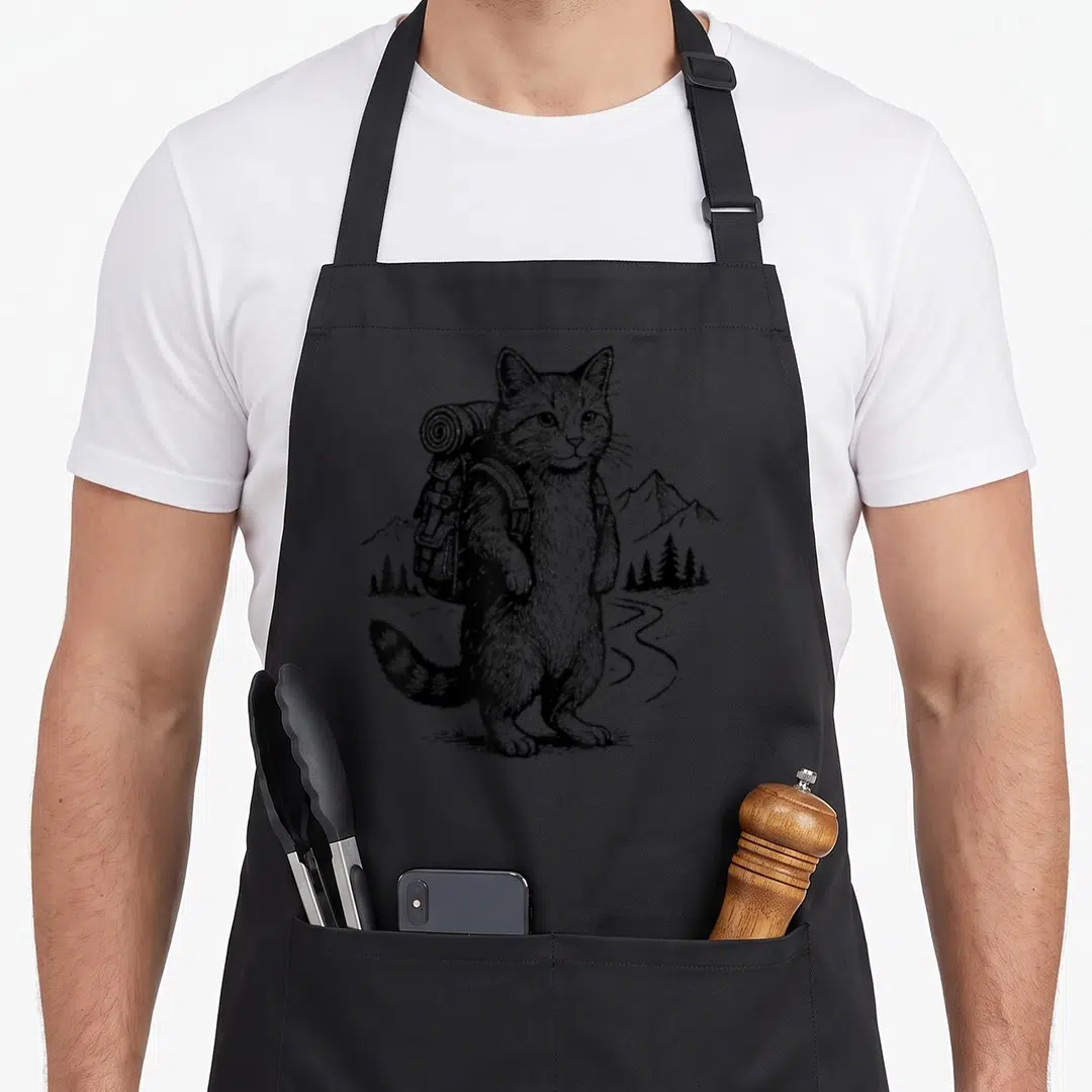 Outdoor cat apron - Black line-art cat wearing a backpack standing near mountains and a winding path — shown on a black cotton canvas apron against a white background