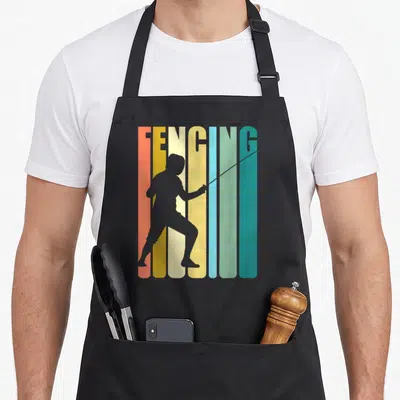 Funny fencer fencing apron - Grey fencer silhouette on seven vertical orange yellow blue and green stripes with FENCING — shown on a black cotton canvas apron against a white background