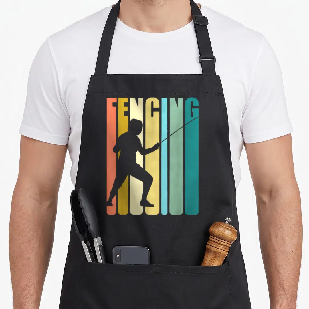 Funny fencer fencing apron - Grey fencer silhouette on seven vertical orange yellow blue and green stripes with FENCING — shown on a black cotton canvas apron against a white background