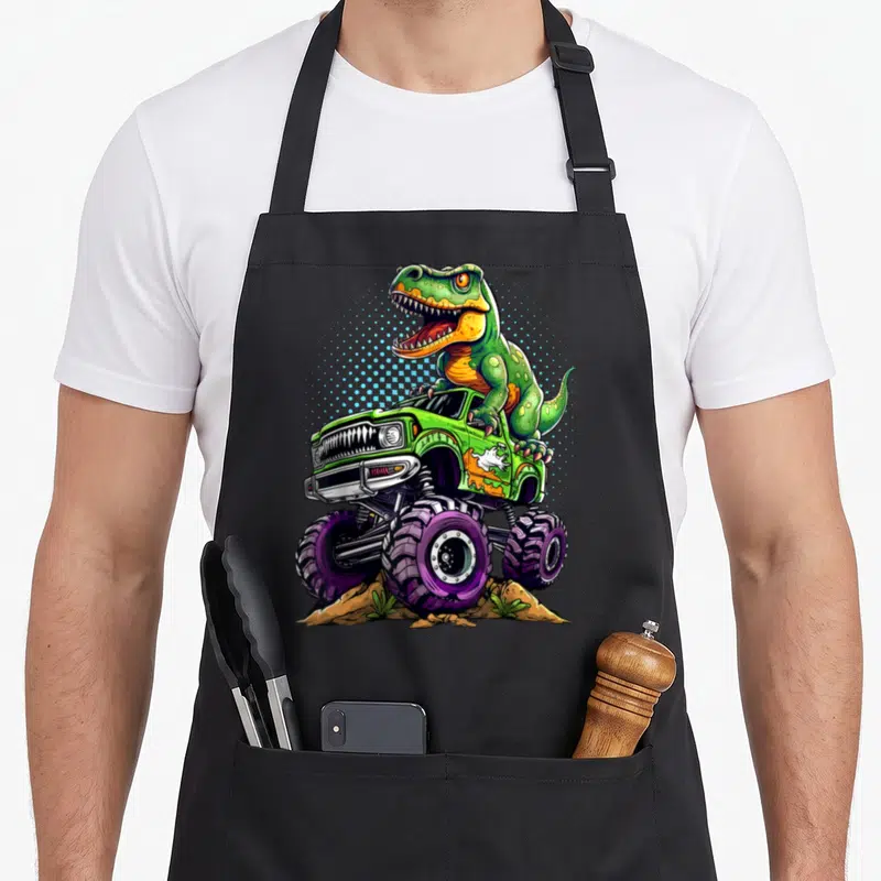 Rex birthday truck apron - Green T-Rex cartoon leaning over monster truck with purple wheels on brown rocks — shown on a black cotton canvas apron against a white background