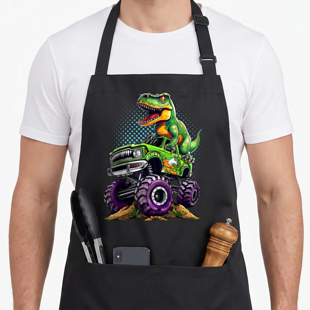 Rex birthday truck apron - Green T-Rex cartoon leaning over monster truck with purple wheels on brown rocks — shown on a black cotton canvas apron against a white background