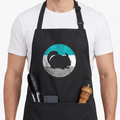 Cute crazy chinchilla man apron - Grey chinchilla silhouette inside a circle with teal, white, and grey horizontal bands — shown on a black cotton canvas apron against a white background