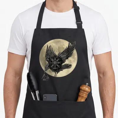 Pagan ravens apron - Black raven with grey spirals and runes holding a triangle knot before a pale yellow moon — shown on a black cotton canvas apron against a white background