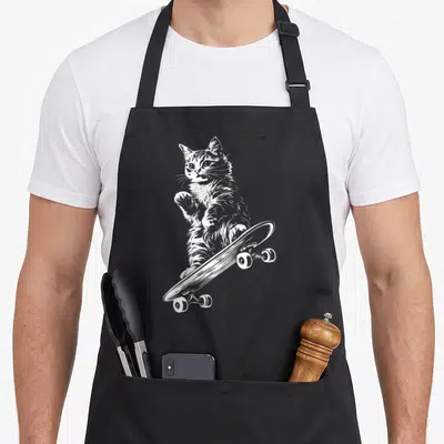 Skateboard cat apron - White line-art cat standing on a diagonal skateboard — shown on a black cotton canvas apron against a white background