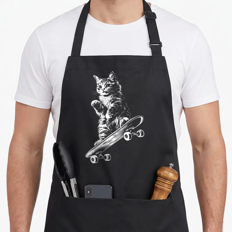 Skateboard cat apron - White line-art cat standing on a diagonal skateboard — shown on a black cotton canvas apron against a white background