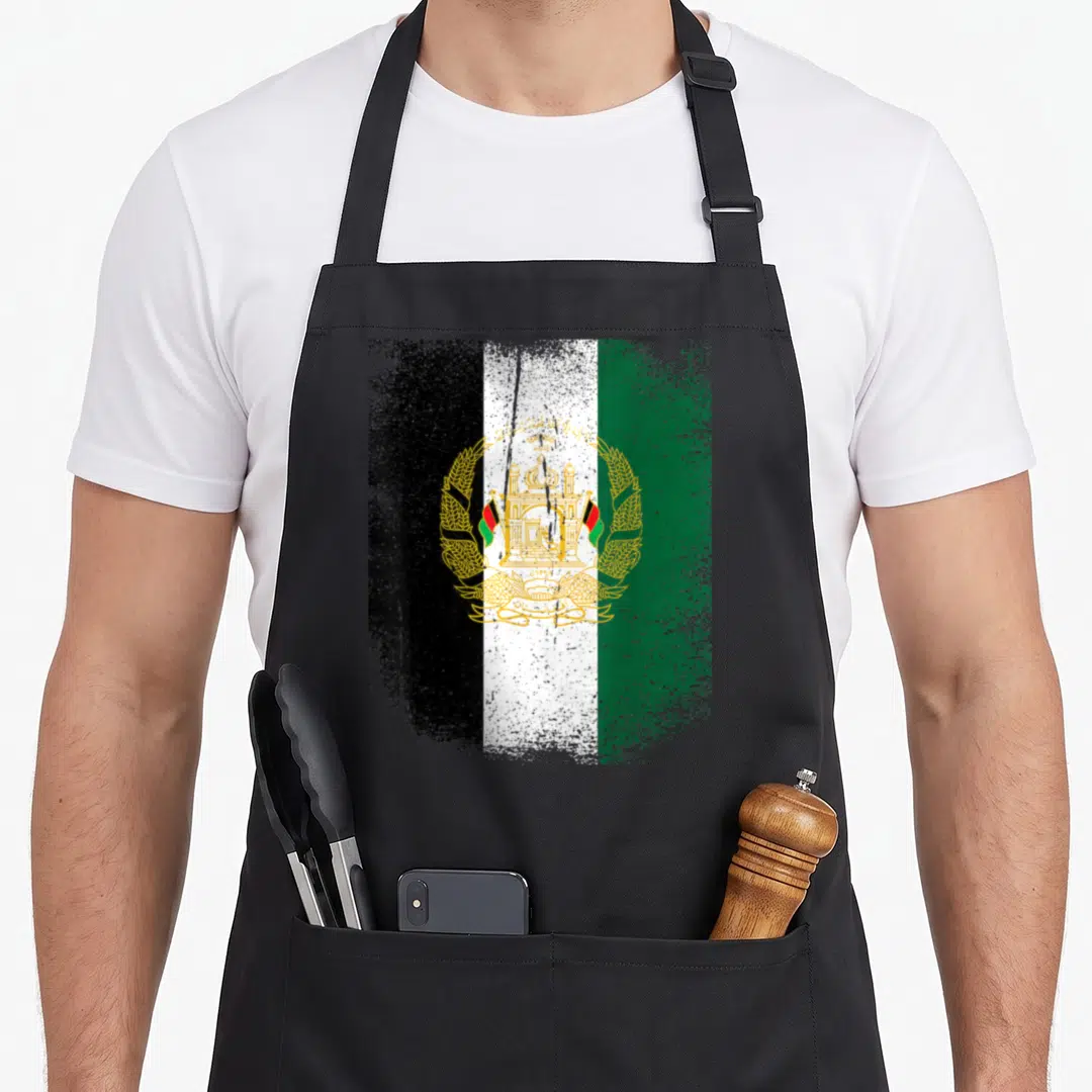 Panjshir afghanistan apron - Distressed flag with three vertical stripes and gold emblem on white background — shown on a black cotton canvas apron against a white background