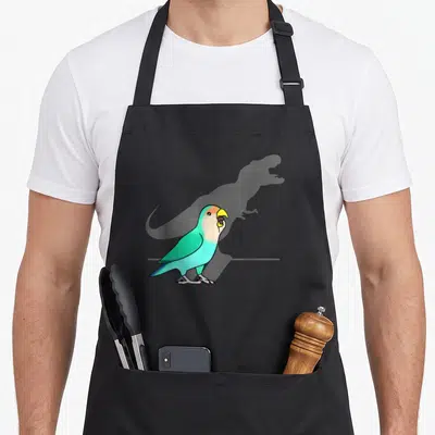 Dinosaur dutch apron - Teal parrot with yellow beak casting a grey T-Rex shadow on black apron — shown on a black cotton canvas apron against a white background