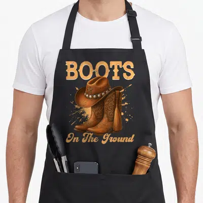 Ground western apron - Brown cowboy boots with tan hat and BOOTS On The Ground text — shown on a black cotton canvas apron against a white background