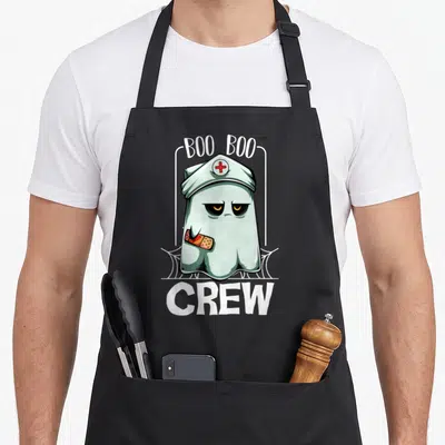 Hospital halloween nurse apron - Cartoon ghost in nurse hat with bandage, BOO BOO CREW text, spider webs in white pale — shown on a black cotton canvas apron against a white background