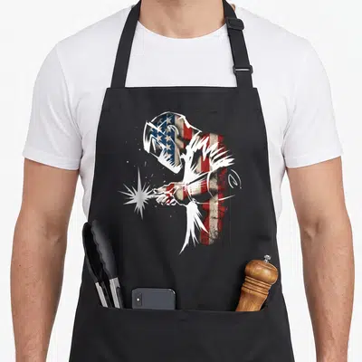 Welder american flag apron - Distressed American flag pattern filling a welding silhouette with white sparkles — shown on a black cotton canvas apron against a white background