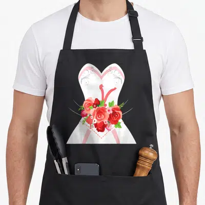 Simple bridal apron - White dress silhouette with grey swirls, red ribbon, and cluster of red and pink roses with green — shown on a black cotton canvas apron against a white background