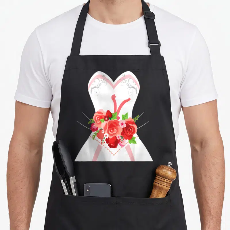 Simple bridal apron - White dress silhouette with grey swirls, red ribbon, and cluster of red and pink roses with green — shown on a black cotton canvas apron against a white background
