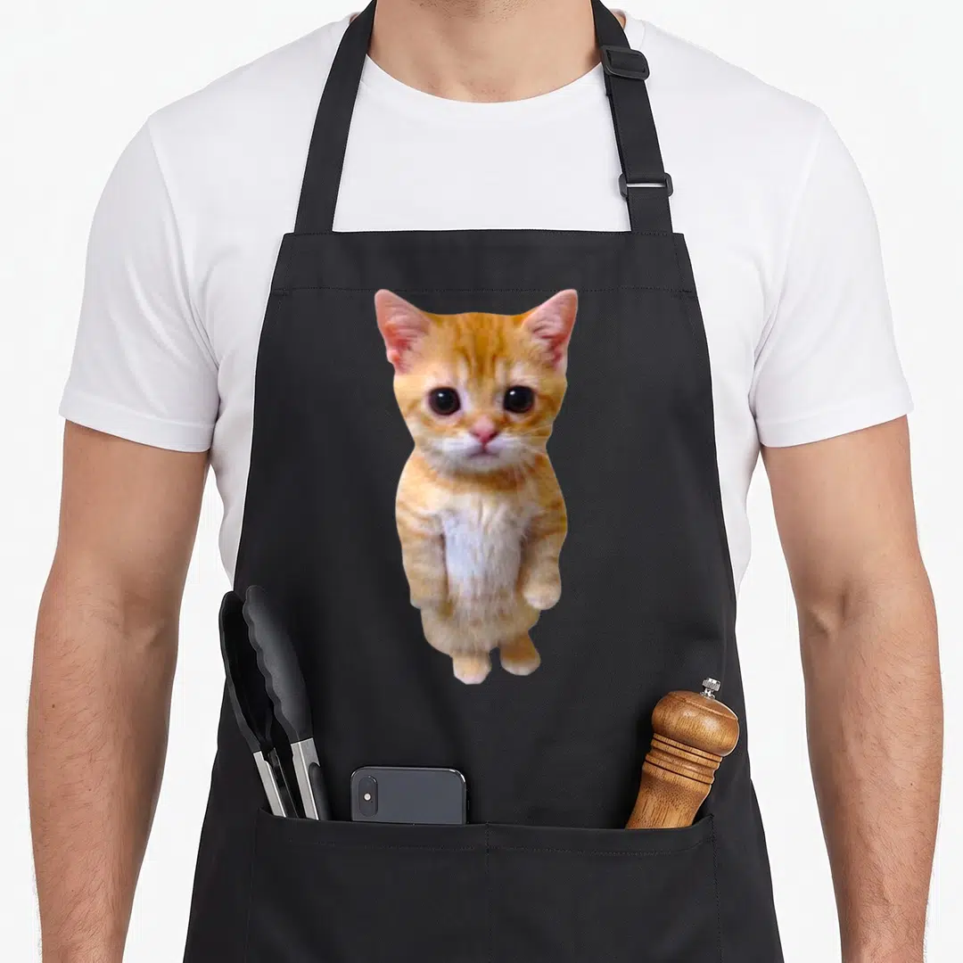 Gato kitty cat apron - Photo print of a standing orange and white Munchkin kitten with large sad eyes — shown on a black cotton canvas apron against a white background