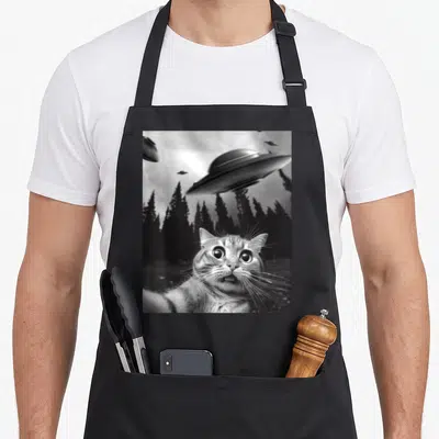 Ufo cat apron - Surprised cat selfie with flying UFOs over pine trees in grayscale photo style — shown on a black cotton canvas apron against a white background
