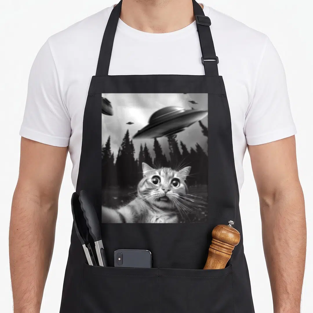 Ufo cat apron - Surprised cat selfie with flying UFOs over pine trees in grayscale photo style — shown on a black cotton canvas apron against a white background