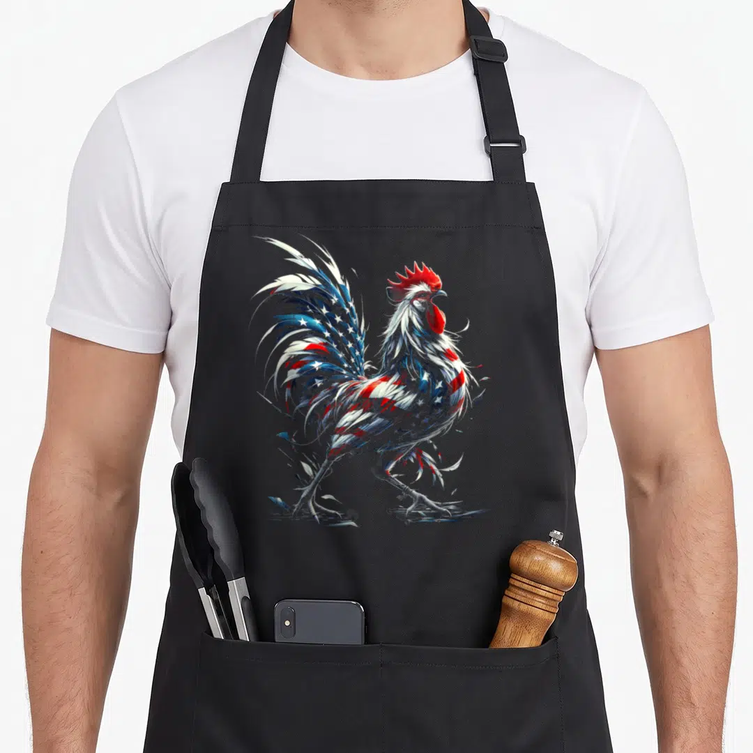 Flag rooster apron - Realistic rooster with red white and blue flag patterned feathers — shown on a black cotton canvas apron against a white background
