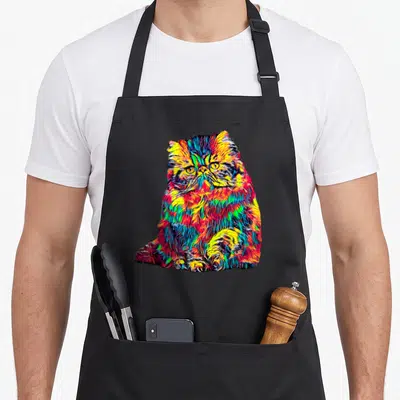 Persian cat apron - Multicolored tie-dye Persian cat print in red blue yellow and green — shown on a black cotton canvas apron against a white background