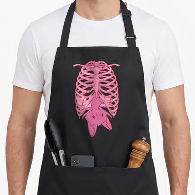 Halloween pastel pink apron - Cartoon pink bat tucked inside a pink ribcage illustration — shown on a black cotton canvas apron against a white background