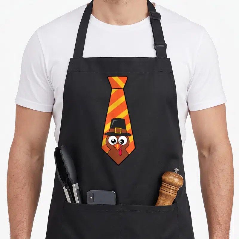 Tie turkey thanksgiving apron - Cartoon turkey in black pilgrim hat inside orange and yellow striped necktie — shown on a black cotton canvas apron against a white background