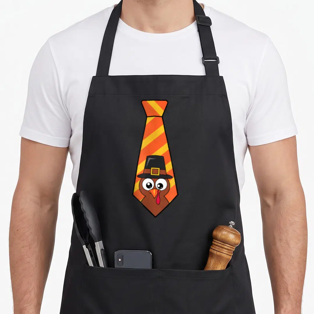 Tie turkey thanksgiving apron - Cartoon turkey in black pilgrim hat inside orange and yellow striped necktie — shown on a black cotton canvas apron against a white background