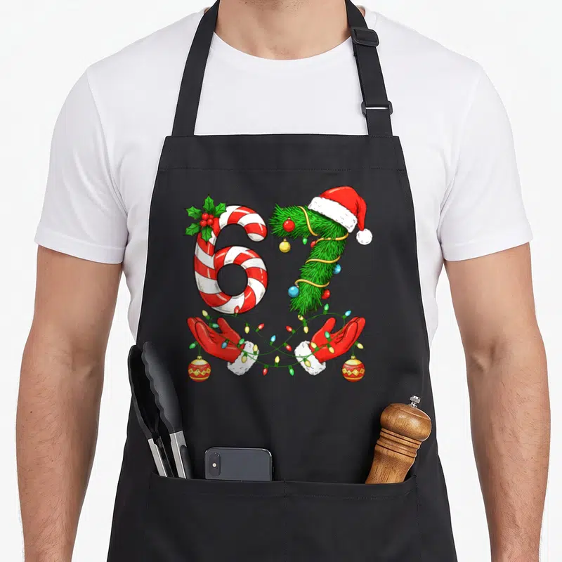 Trending christmas santa apron - Number 67 formed by candy cane and pine branch with gloved hands holding Christmas — shown on a black cotton canvas apron against a white background