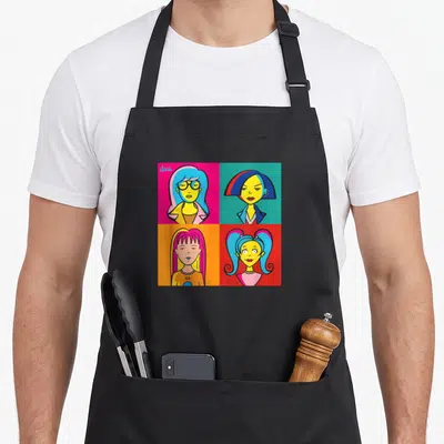 Daria pop art apron - Four cartoon faces in pink teal orange red and yellow grid with daria text in corner — shown on a black cotton canvas apron against a white background