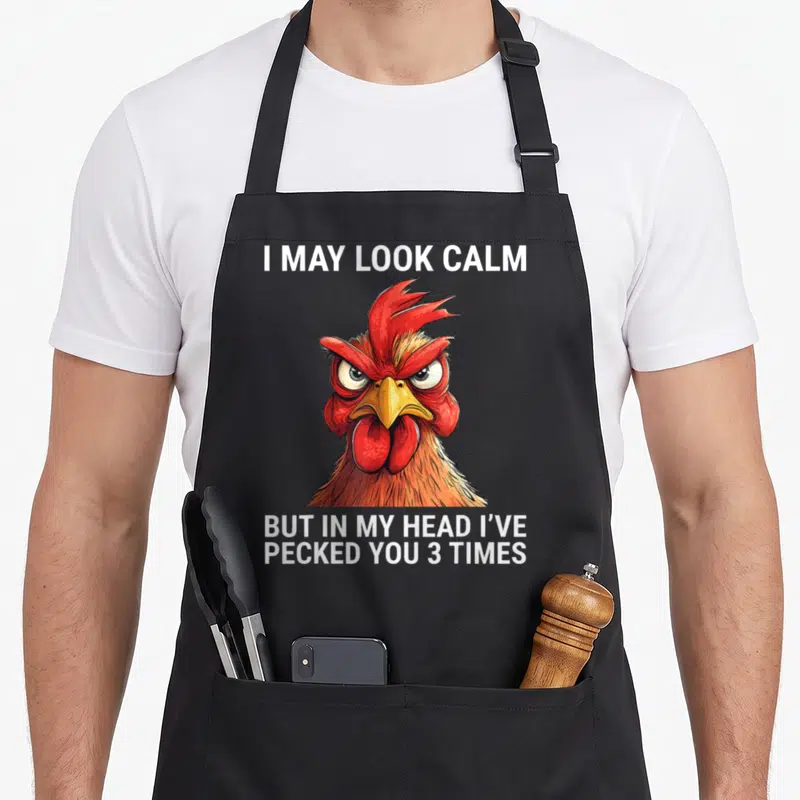May but i love my rooster apron - Cartoon rooster head in red and orange with white text reading I may look calm — shown on a black cotton canvas apron against a white background