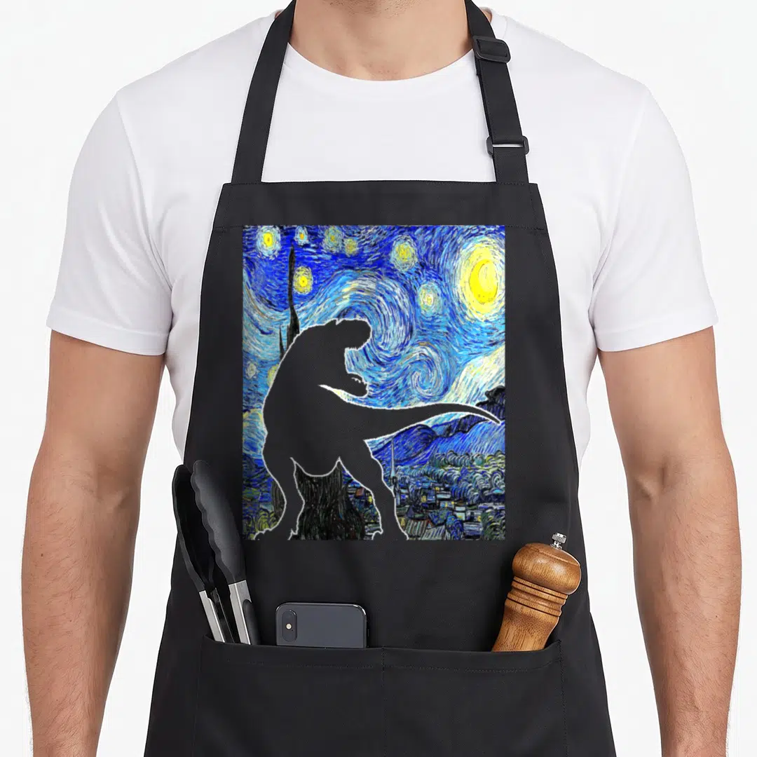Dinosaur van gogh apron - Grey dinosaur silhouette over blue starry night painting with yellow stars — shown on a black cotton canvas apron against a white background