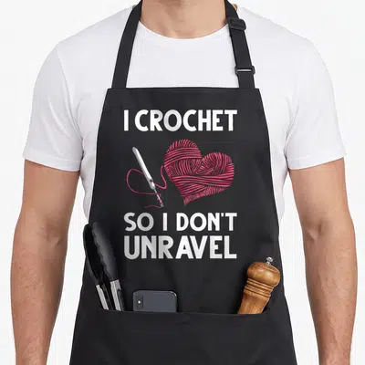 Crocheter crochet apron - White text I Crochet So I Don't Unravel around pink yarn heart and hook — shown on a black cotton canvas apron against a white background