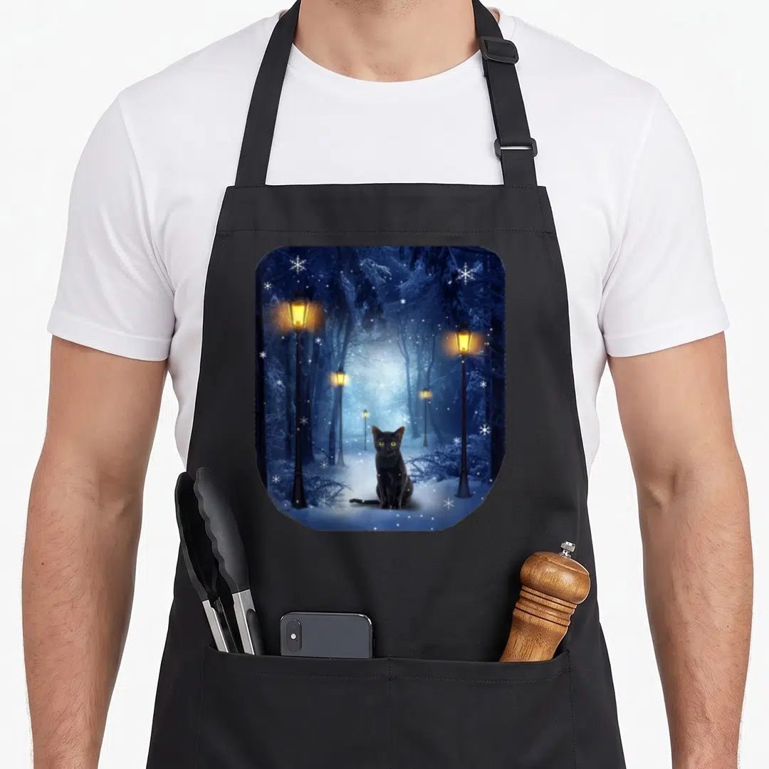 Snowy cat apron - Black cat sitting on snowy path with blue trees and yellow lamp posts — shown on a black cotton canvas apron against a white background