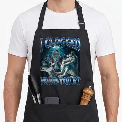 Clogged alpha apron - I Clogged Your Toilet text with three werewolves shredding paper in blue and grey — shown on a black cotton canvas apron against a white background