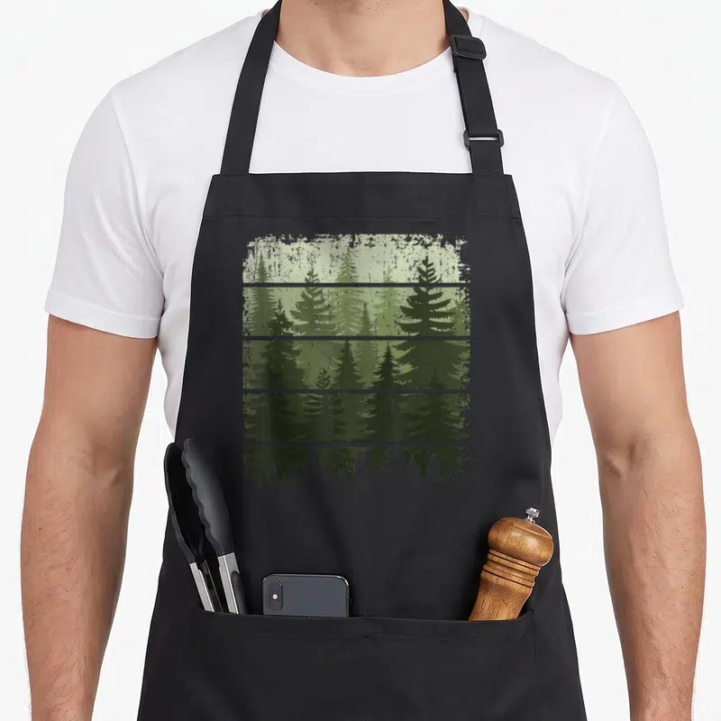 Wildlife nature tree apron - Distressed forest scene with five horizontal green bands and pine tree silhouettes — shown on a black cotton canvas apron against a white background