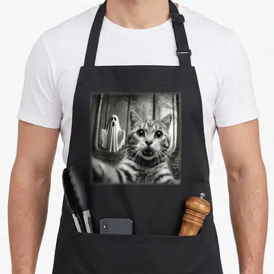 Halloween selfie cat apron - Shocked grey tabby cat and white ghost floating in a blurred black forest photo — shown on a black cotton canvas apron against a white background