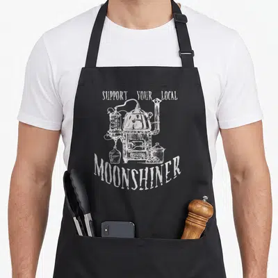 Support loose funny apron - White distressed moonshine still flanked by jug and pot with arched text — shown on a black cotton canvas apron against a white background
