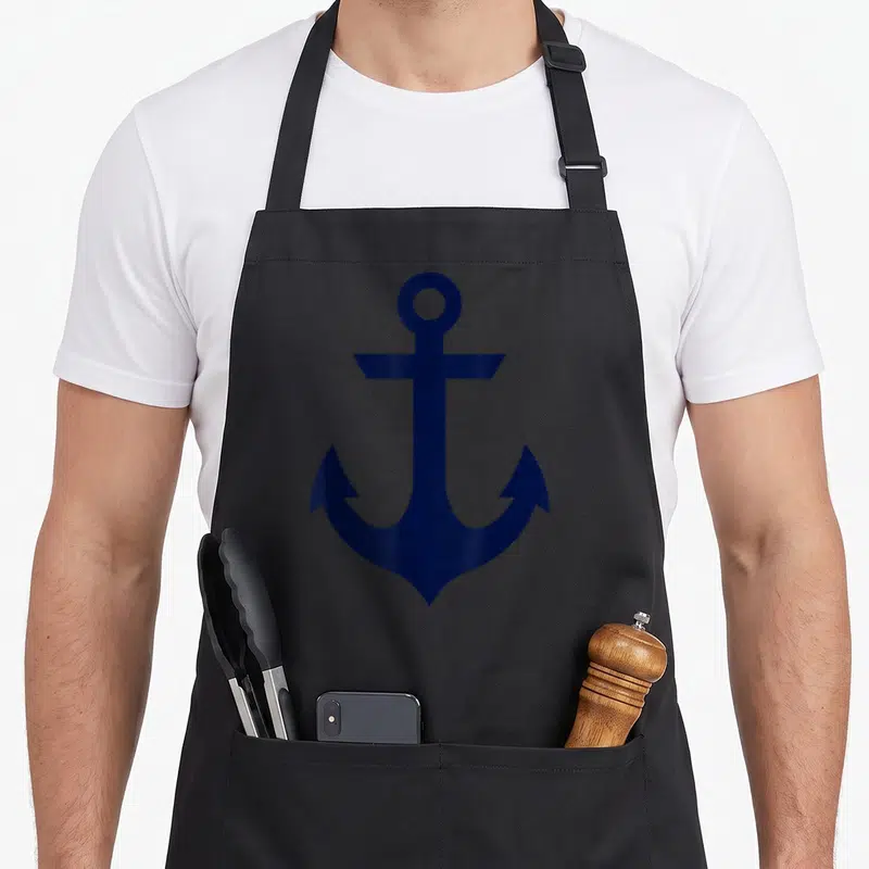Preppy nautical apron - Minimalist navy blue anchor centered on grey background — shown on a black cotton canvas apron against a white background