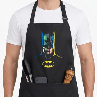 Many face apron - Split Batman Joker face with blue yellow frame and logo — shown on a black cotton canvas apron against a white background