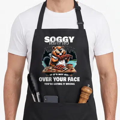 Soggy beaver apron - Cartoon brown beaver eating red ribs at table with white text about messy BBQ eating — shown on a black cotton canvas apron against a white background