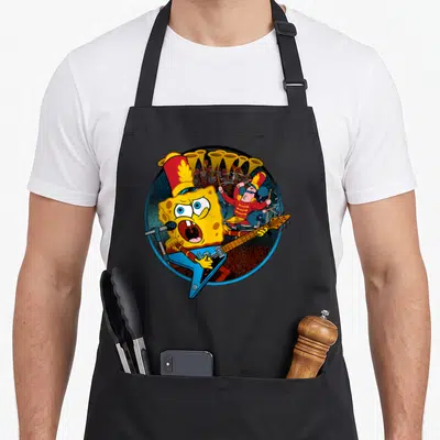 Squarepant bowl apron - SpongeBob playing guitar and Patrick drumming inside a circular frame with brass instruments — shown on a black cotton canvas apron against a white background