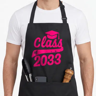 Grow kindergarten future class apron - Pink Class of 2033 typography with graduation cap and ribbon graphic — shown on a black cotton canvas apron against a white background