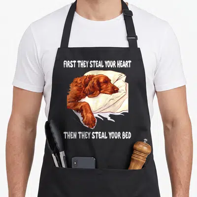 Sleeping irish aprons - Cartoon reddish-brown dog sleeping on off-white pillow with white text above and below — shown on a black cotton canvas apron against a white background